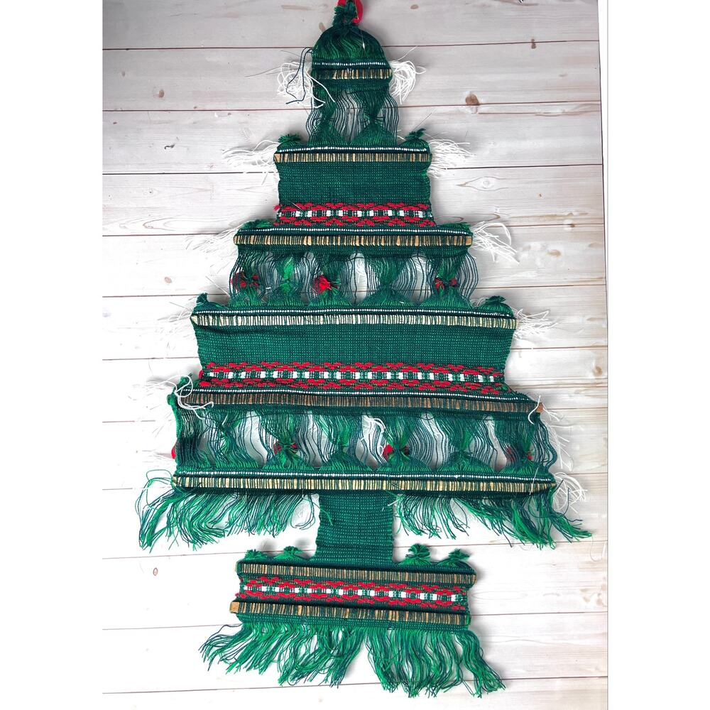 Vintage 1970s Textile Fiber Christmas Tree Wall Hanging Fringe Tinsel Pom Poms - Picture 6 of 9